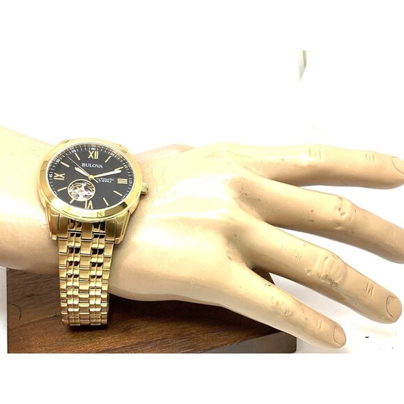 Bulova Men's Watch 97A132 Automatic Black Dial Gold Stainless Steel 42mm - Picture 5 of 15